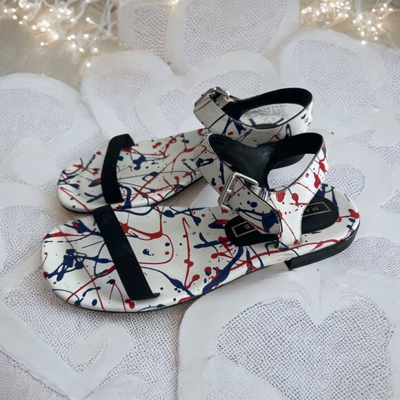MARC JACOBS Paint Splatter White Blue Red Leather Sandals Size 7.5 / 37.5 - Picture 1 of 7